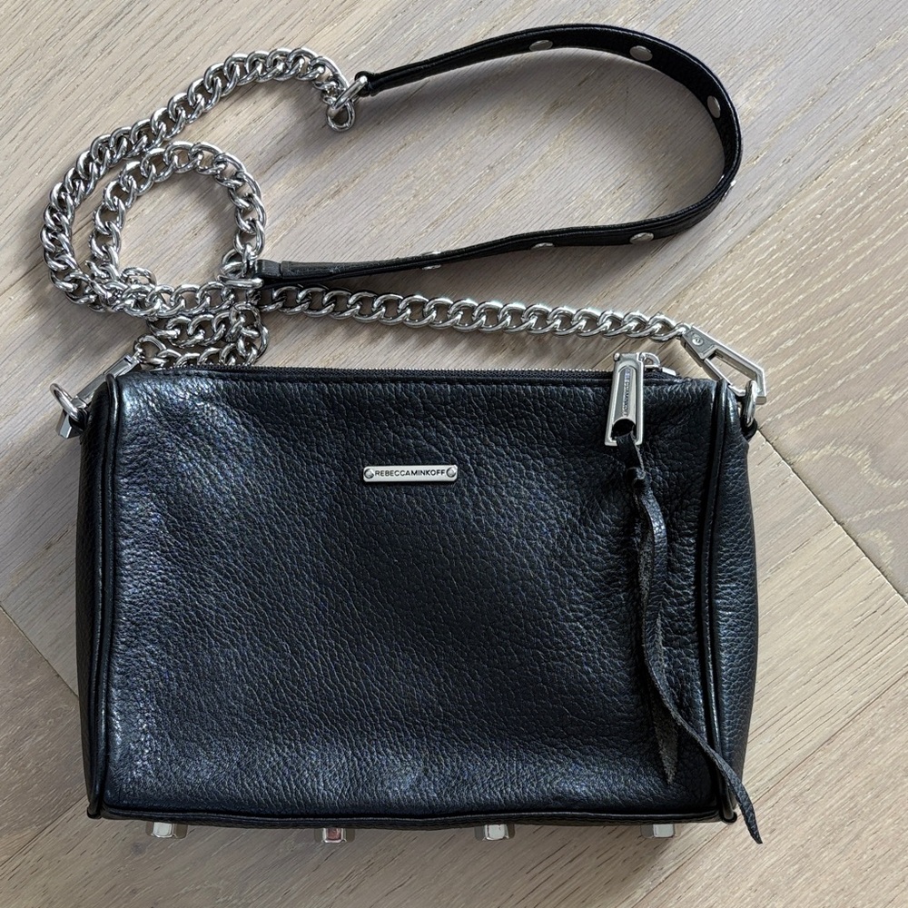 Rebecca Minkoff Black Leather Crossbody Bag with Silver Chain.